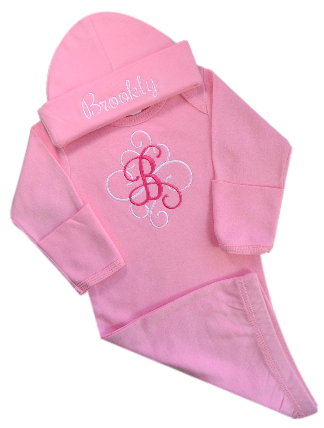 Personalized Initial Script Baby Girl Layette Gown with Matching Cotton Beanie Set