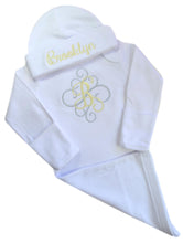 Load image into Gallery viewer, Personalized Initial Script Baby Girl Layette Gown with Matching Cotton Beanie Set
