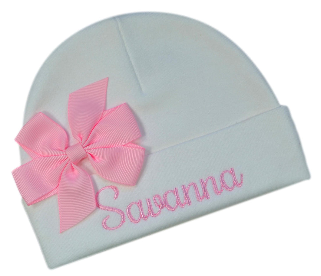 Newborn Personalized Embroidered Baby Hat in Script Font with Custom Name and Bow