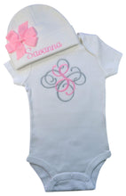 Load image into Gallery viewer, Personalized Initial Script Baby Girl Bodysuit with Matching Cotton Beanie Set
