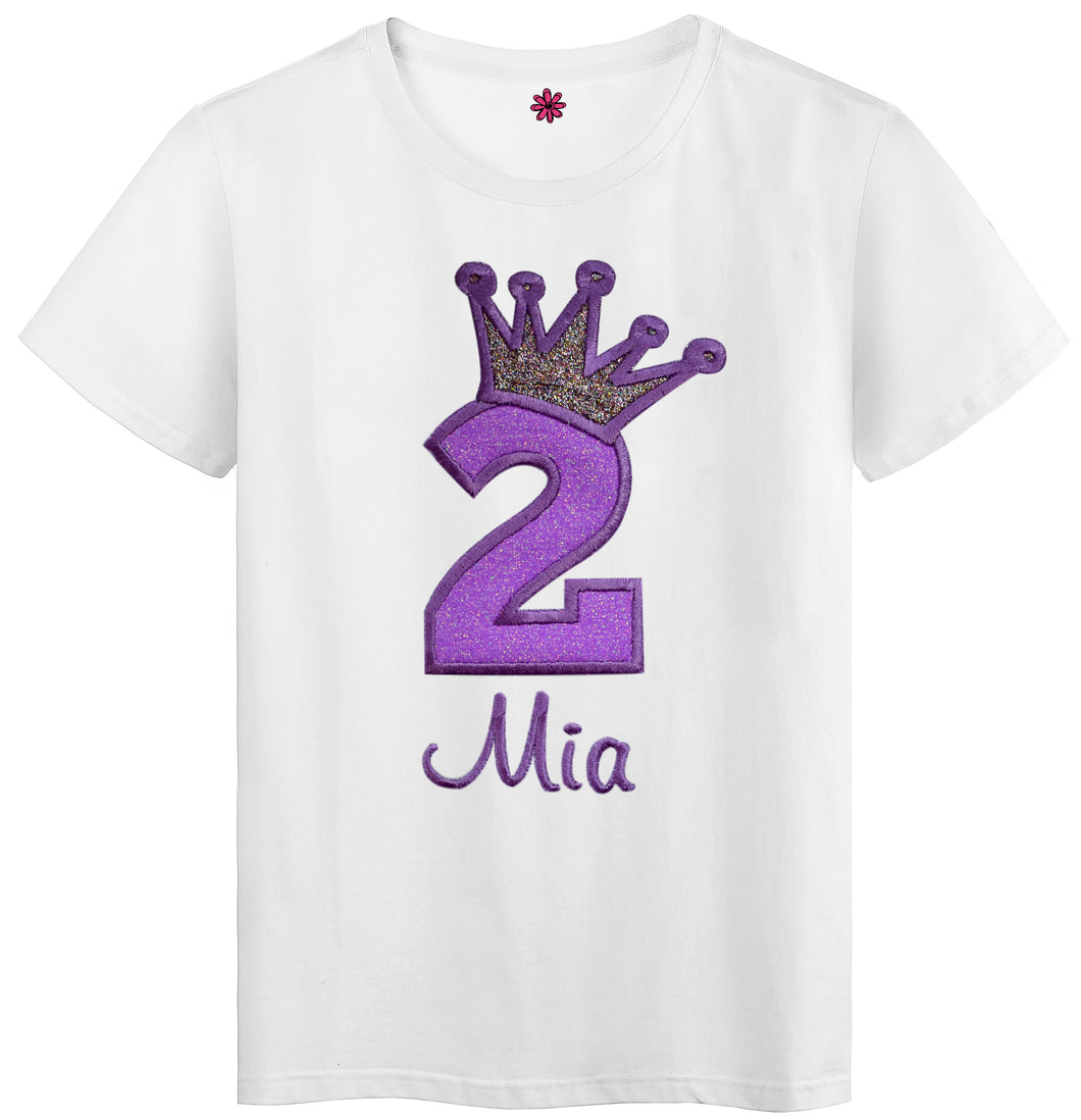 2nd Birthday Embroidered Glitter Crown Girls T- Shirt with Custom Name