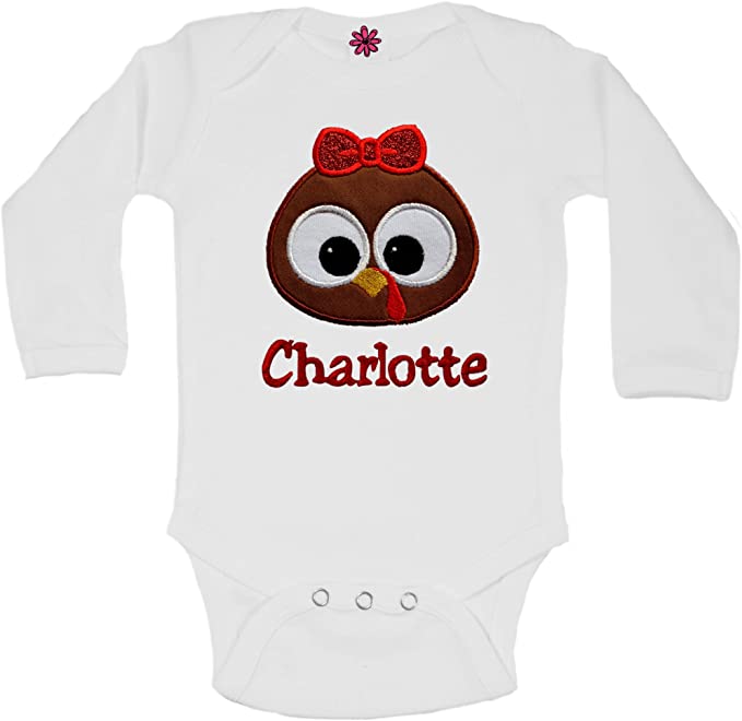 Personalized Thanksgiving Turkey Face Bodysuit Embroidered for Baby Girls with Name